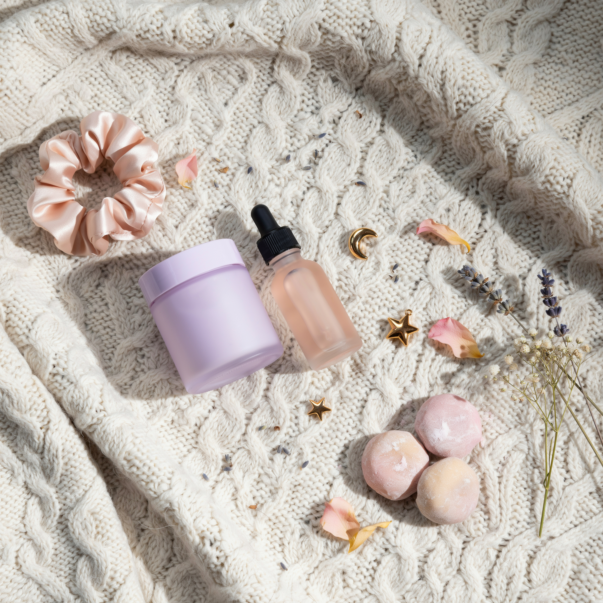 Dreamy top-down flat-lay on knit blanket — Mochi Moon