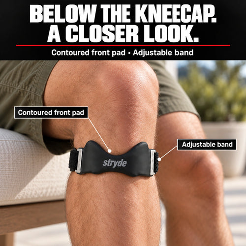 Stryde strap positioned below the kneecap, showing the contoured front pad and adjustable band