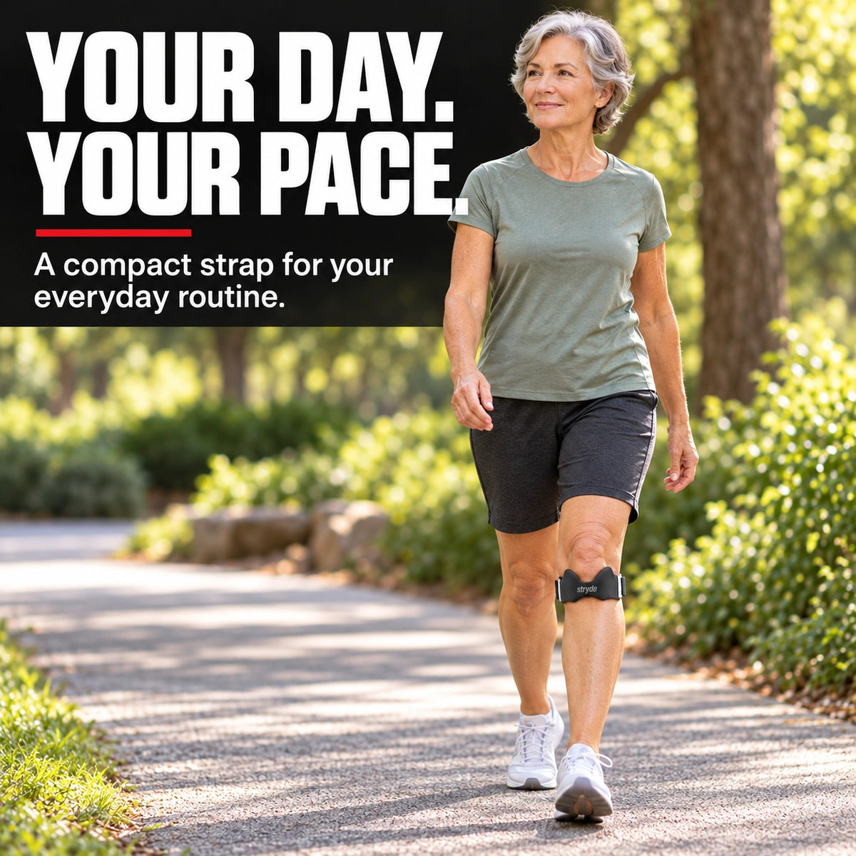 Woman walking through a park wearing the compact Stryde strap below her kneecap